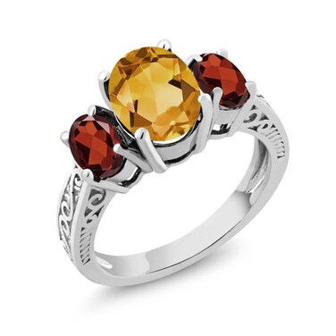 Gem Stone King 925 Sterling Silver Oval Yellow Citrine and Red Garnet 3-Stone Ring For Women   2.25 Cttw   Gemstone Birthstone   Available In Size 5, 6, 7, 8, 9