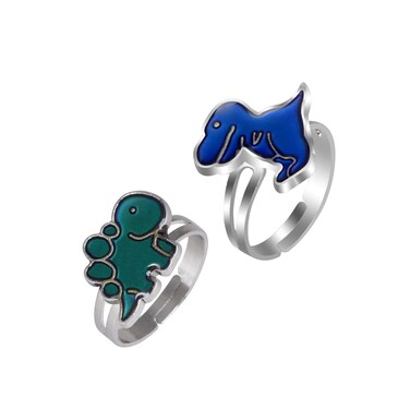 COLORFUL BLING 2Pcs Adjustable Mood Rings Cute Cartoon Butterfly Turtle Color Changing Dinosaur Emotion Feeling Finger Rings for Women Gifts-A dinosaur