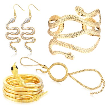 Kathfly 4 Pcs Halloween Gold Snake Jewelry Bendable Snake Bracelet Earrings Adjustable Punk Snake Choker Necklace Metal Snake Armband Flexible for Women