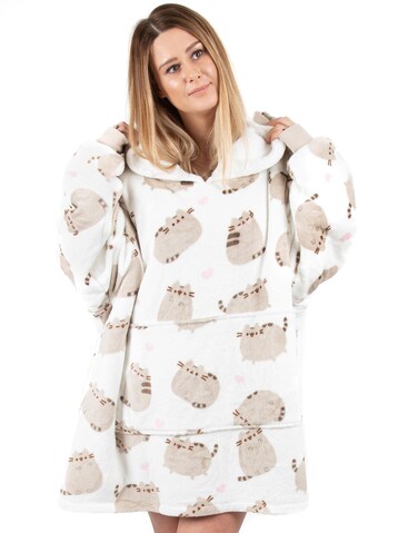 Pusheen Womens Wearable Blanket   Ladies Tabby Cat with Hearts All Over Print Fleece Hoodie   Cute Snuggle Hooded Pullover