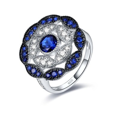 Merthus Anique Vintage Womens 925 Sterling Silver Created Blue Sapphire Cluster Statement Ring Size 6