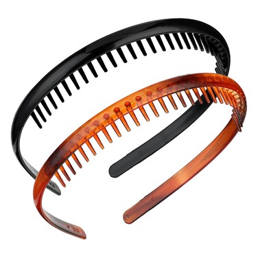 2 Pcs Plastic Plain Hairbands for Women, Classic Headband Non-Slip Teeth Comb Headbands Fashion Thin Hair Hoops for Women and Men, Pain-Free Hair Accessories for Washing Face ( Black, Brown )