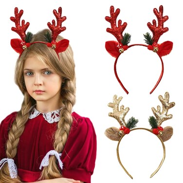 RUSTAMM Christmas Headbands Glitter Red Golden Elk Antlers bells Headbands Holiday Party Decorations Supplies Women Cute Exquisite Fashion Reindeer Headpiece