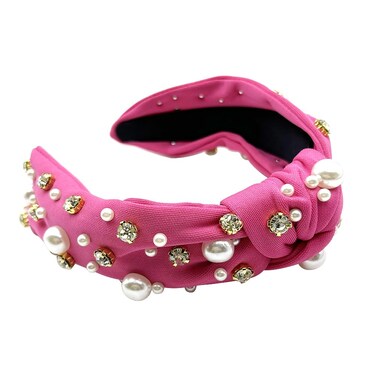 Knotted Pearl Headbands for Women Hot Pink Wide Top Rhinestone Headband Jeweled Headbands Turban Hairband Hair Accessories for Women Girls