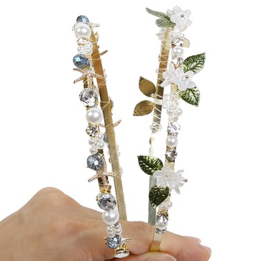 WOVOWOVO Metal Thin Headbands for Women Girls, 2 Pcs Boho Flower Leafs Gold Hairbands Cute Faux Pearls Non-slip Hairband Wedding Party Starfish Hair Accessories
