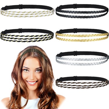 Jutom 6 Pcs Braided Elastic Braided Headbands for Women No Slip Stretchy Headbands for Women Strand Headband Plaited Hair Band Hippie Hair Accessory Valentine Day gift for Women