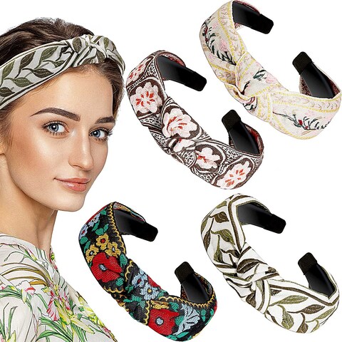 Chuangdi 4 Pieces Boho Headband Floral Wide Headband Handmade Knot Embroidery Bohemia Turban Headband Vintage Ethnic Style Hair Band for Women Girls Hair Accessories