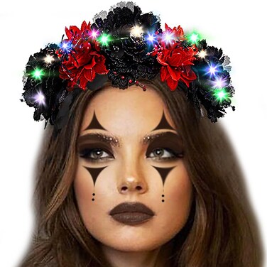 Coridy Light Up Halloween Headband Red Black Flower Headbands Spider Hairband Day of the Dead Bride Hair Accessories for Women Cosplay