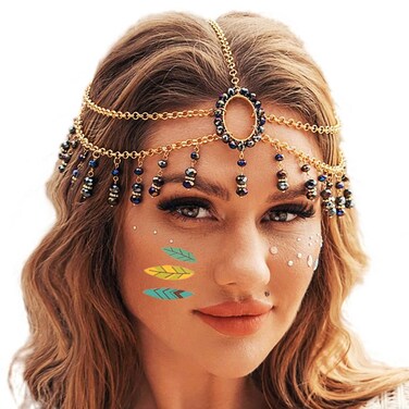 Sixexey Halloween Head Chain Egyptian Headdress Black Beaded Head Jewelry Layered Hair Accessories for Women