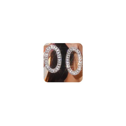 Xerling Bling Oval Circle Hoop Earrings Silver Rhinestone Crystal Statement Earrings for Women Wedding Bridal Earrings Prom