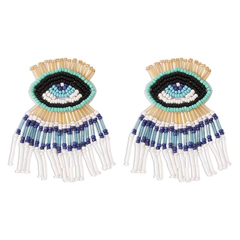 Boho Beaded Evil Eye Statement Drop Dangling Earrings for Women Vintage Acrylic Tassel Colorful Rice Beads Chain Dangling Stud Bohemian Jewelry Delicate