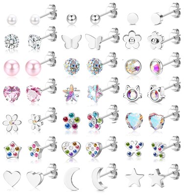 YADOCA 21Pairs Hypoallergenic Surgical Steel Stud Earrings For Women Girls Tiny Cute CZ Pearl Heart Moon Star Butterfly Flower Earrings Studs Set Piercing Jewelry Gift