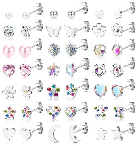 YADOCA 21Pairs Hypoallergenic Surgical Steel Stud Earrings For Women Girls Tiny Cute CZ Pearl Heart Moon Star Butterfly Flower Earrings Studs Set Piercing Jewelry Gift
