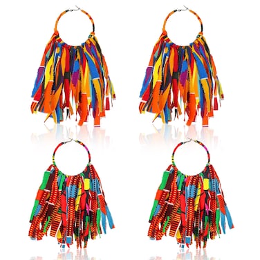 2 Pairs African Fabric Tassel Earrings Set Ankara Fringe Hoop Earrings Fashion African Earrings Cloth Print Earrings Jewelry for Women Accessories
