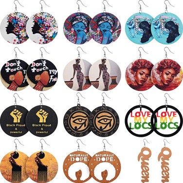 12 Pairs African Map Women Earrings Round Natural Wooden Painted Earrings Ethnic Style Dangle Earring (Letter Queen)