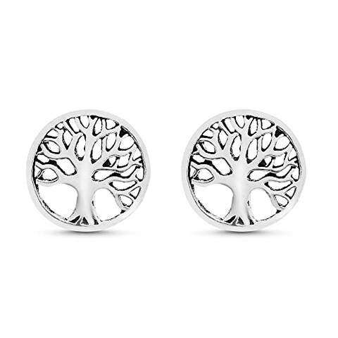 AeraVida Nature Inspired Simple 10mm Tree of Life Round .925 Sterling Silver Stud Earrings   Classic Sterling Silver Stud Earring for women   Vintage Stud Earrings
