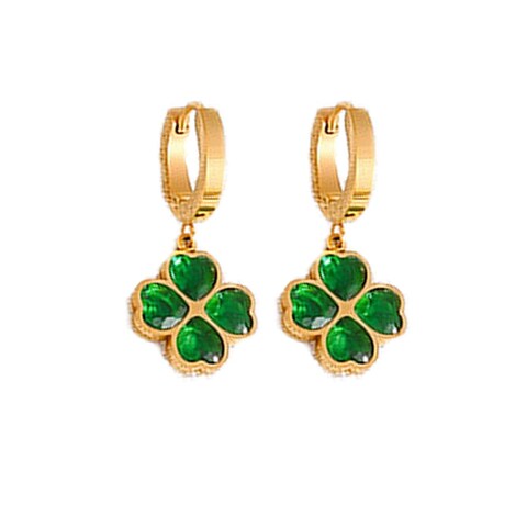 Four Clover Leaf Hoop Earrings for Women Emerald Heart Glass Stone Huggie Hoops Earrings Stainless Steel Earrings for Dainty Jewelry