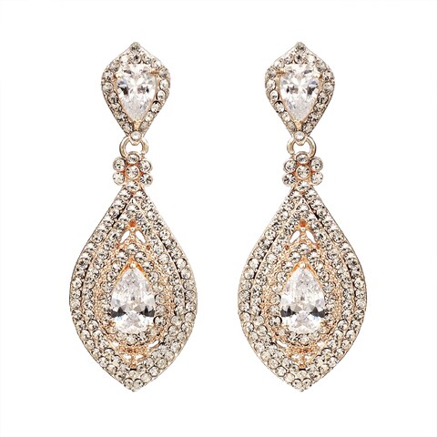 Iris Island Womens Clear Crystal Rhinestone Zirconia Bridal Drop Dangle Earrings for Wedding,Rose Gold Plated