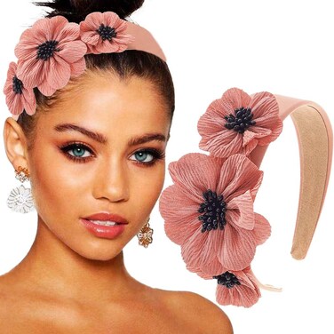 Bouory Pink Flowers Headbands Turban Wide Hairband Boho Floral Head Bands Non Slip Hairhoop for Women