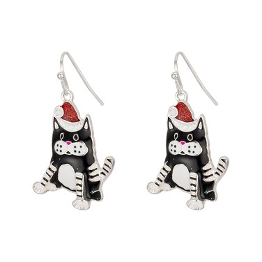 RareLove Christmas Cat Earrings with Santa Hat Black Cat Enamel Dangle Earrings For Women, Holiday Earrings, Cute Earrings, Christmas Jewelry