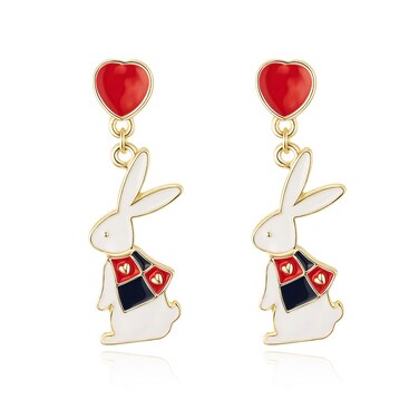 Vintage Red Heart Alice Bunny Easter Earrings, Fashionable Statement Earrings, Fun Jewelry as Easter Party Outfit Ornament