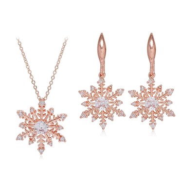 Snowflake Necklace with Earrings Jewelry Set Rose Gold Plated Rhinestone Snow Flower Pendant Choker Necklace Dainty Snowflake Drop Dangle Earrings for Women Party Prom Winter Festivels Jewelry