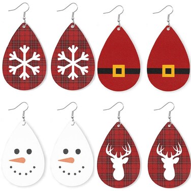 Christmas Faux Leather Earrings Lightweight Faux Leather Earrings Holiday Earrings for Women Multipack Christmas Tree Snowman Snowflake Glitter Star Teardrop Holiday Earrings-4 Pairs