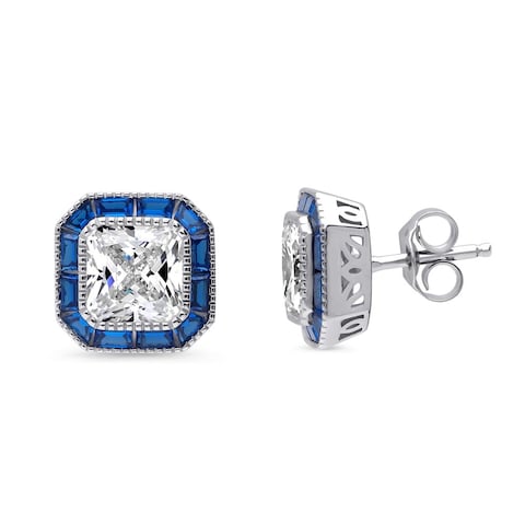 BERRICLE Sterling Silver Halo Princess Cut Cubic Zirconia CZ Vintage Inspired Art Deco Anniversary Stud Earrings for Women, Rhodium Plated