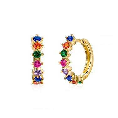 Dainty Rainbow Cubic Zirconia 14K Gold Plated Small Cartilage Cuff Hoop Earrings for Women Teen Girls Fashion 925 Sterling Silver Post Multicolored CZ Tiny Round Circle Sleeper Tragus Huggie Hoops