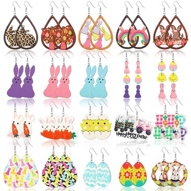 Sasylvia 20 Pairs Easter Earrings Bulk Wooden Easter Dangle Earrings for Women Cute Colorful Rabbit Egg Drop Dangle Earrings Jewelry for Easter Holiday Festive Party Gifts