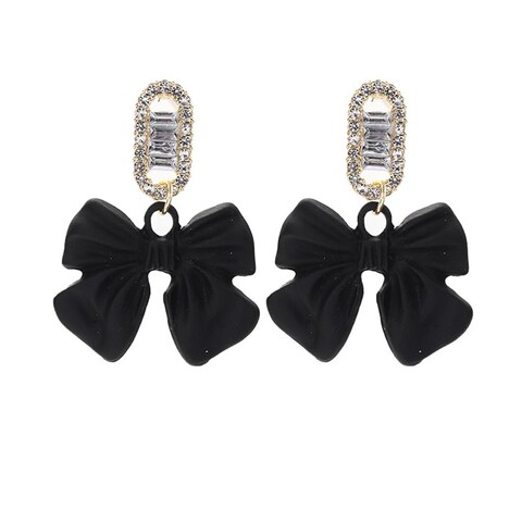 CZ Black Bow Knot Stud Earrings for Women Girls Crystal Acrylic Dangle Drop Earrings Wedding Studs Christmas Ear Jewelry
