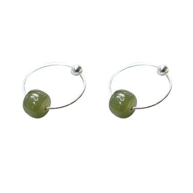 Dainty Jade Ball Huggie Hoop Earrings for Women 925 Sterling Silver Minimalist Round Green Stone Drop Dangle Piercing Hoops Unique Birthday Christmas Hypoallergenic Jewelry 14mm