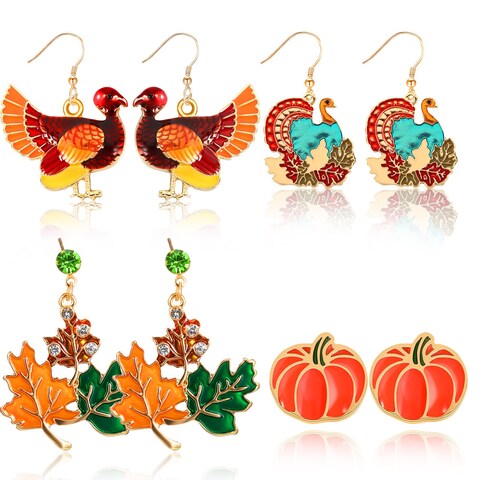 MTLEE 4 Pairs Thanksgiving Earrings for Women Fall Earrings Turkey Peacock Maple Leaf Pumpkin Earrings Autumn Thanksgiving Pumpkin Jewelry Lightweight Holiday Dangle Earrings for Women