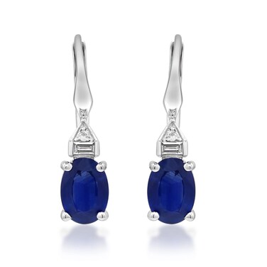 Gin &amp; Grace 10K White Gold Genuine Blue Sapphire Oval and Natural Diamond (I1) Lever Back Earring for Women.