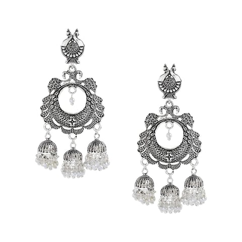 Bodha Antique Silver Stylish Oxidised Peacock Afghani Chandbali Earrings For Women (SJ_1457)