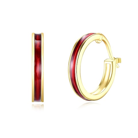 14K Gold Plated Nice Enamel Round Hoop Earrings For Womens Blue &amp; Red Colors (Red)