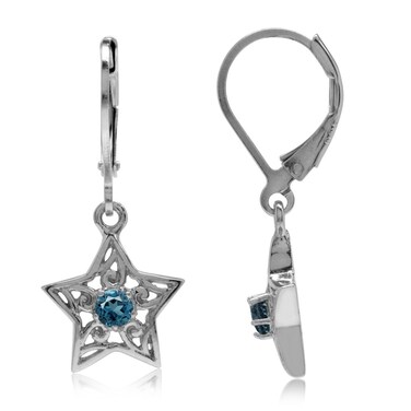Silvershake Genuine London Blue Topaz White Gold Plated 925 Sterling Silver Filigree Star Leverback Earrings