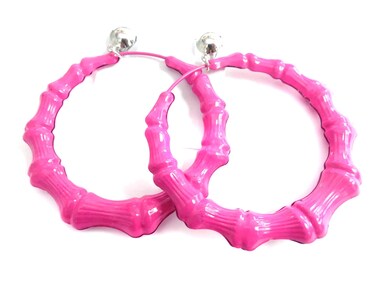 Clip-on Earrings Pink Bamboo Hoop Earrings 3.5 inch Pink Hoops