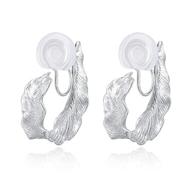HIUS 18K Gold Plated Clip on Hoop Earrings for Women, Fashion Leaves Chunky Silver Non-Pierced Earrings, Statement Pressure Earrings for Women