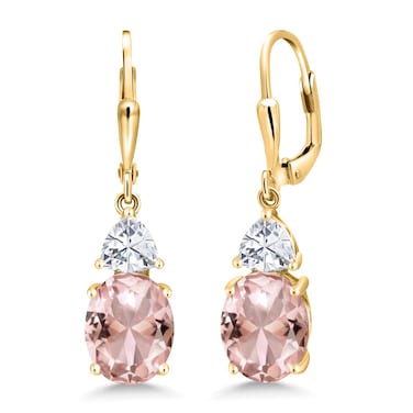 Gem Stone King 18K Yellow Gold Plated Silver Peach Nano Morganite and White Moissanite Dangle Earrings For Women (5.58 Cttw, Gemstone October Birthstone, Oval 10X8MM, Trillion 5MM)