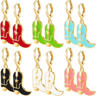 Henoyso 6 Pairs Western Enamel Cowgirl Boot Earrings 6 Colors Cowboy Dangle Drop Earrings for Women fancy Rodeo Gift