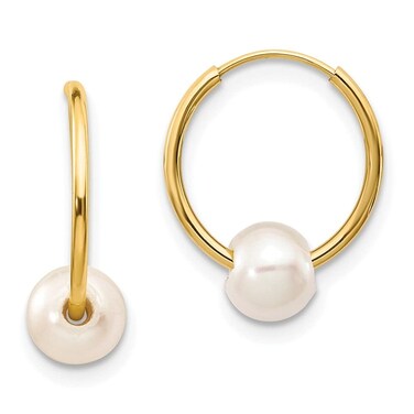 Auriga Fine Jewelry 14K Yellow Gold 5-6mm White Semi-round Freshwater Cultured Pearl Endless Hoop Earrings (L- 0.65 Inch, W-0.48 Inch)