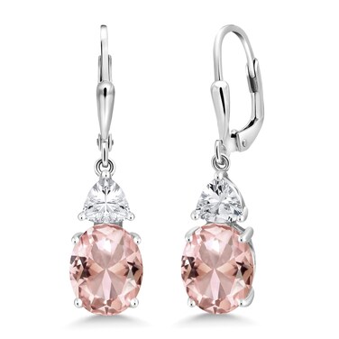Gem Stone King 925 Sterling Silver Peach Nano Morganite and White Zirconia Dangle Earrings For Women (6.18 Cttw, Gemstone October Birthstone, Oval 10X8MM, Trillion 5MM)