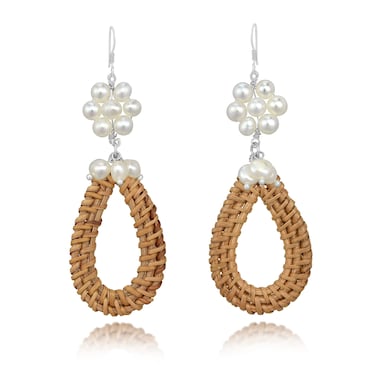 AeraVida Native Rattan Wrapped Teardrop and Cultured Freshwater Pearl Flower Cluster set on Sterling Silver Hooks Dangle Earrings