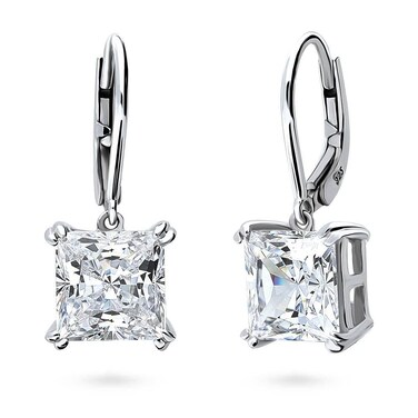 BERRICLE Sterling Silver Solitaire 6 Carat Princess Cut Cubic Zirconia CZ Statement Anniversary Leverback Dangle Drop Earrings for Women, Rhodium Plated