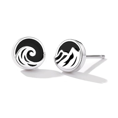 Sea Wave Mountain Round Coin Asymmetric Stud Earrings 925 Sterling Silver Circle Cartilage Hypoallergenic Tiny Studs Earring Fashion Jewelry Gifts for Women Men Couples