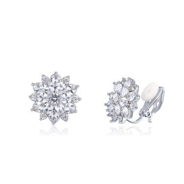 YOQUCOL Bright Cubic Zirconia Crystal Snowflake Flower Shape Clip On Stud Non Pierced Earrings For Women