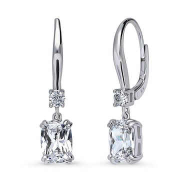 BERRICLE Sterling Silver Solitaire 3.2 Carat Cushion Cut Cubic Zirconia CZ Anniversary Leverback Dangle Drop Earrings for Women, Rhodium Plated