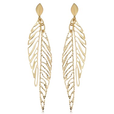 Kooljewelry 14k Yellow Gold Diamond-cut Leaf Dangle Earrings