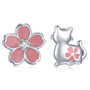 Cute Cat Flower Earrings 925 Sterling Silver Asymmetric Cat Earrings kawaii earrings for Women